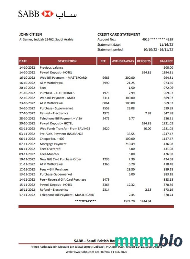 Arabia Saudyjska SABB wyciąg bankowy słowo i szablon PDF, 2 strony